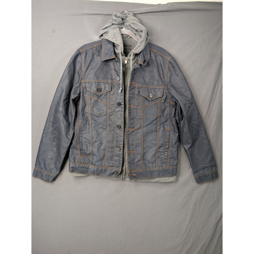 Ring Of Fire Mens Hooded Denim Jacket‎ Blue Gray Large Contrast Stitching 5731